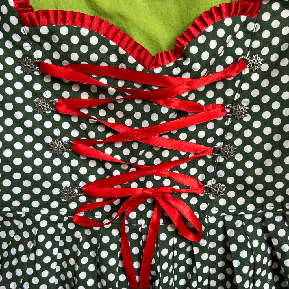 Green Polka Dot Dirndl Dress Bavarian Corset Lace-Up Size 36 - Picture 8 of 10
